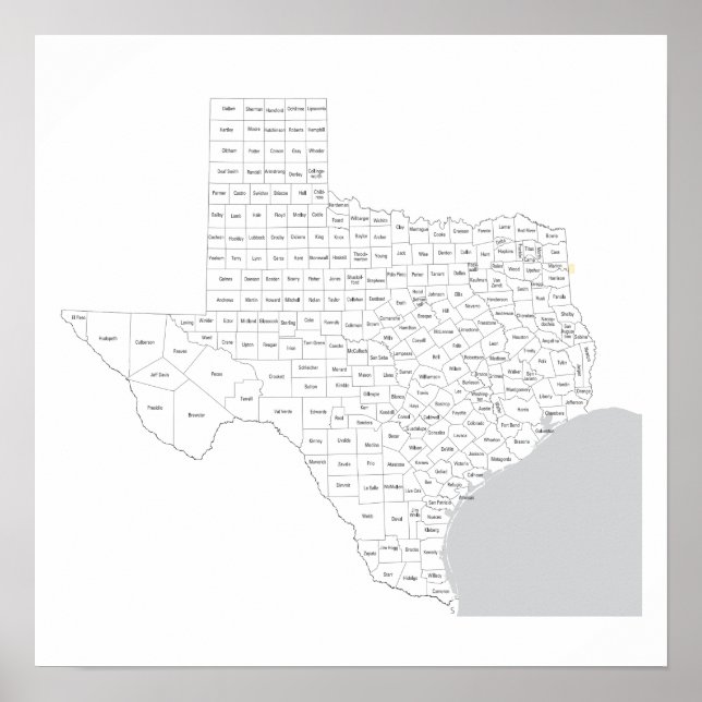 Póster Mapa de Condados de Texas con nombres de condados (Frente)