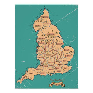 Póster Mapa de Condados Vintage de Inglaterra