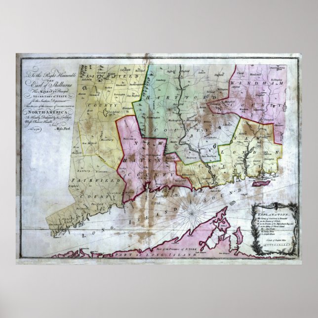 Póster Mapa de Connecticut 1766 antiguo (Frente)