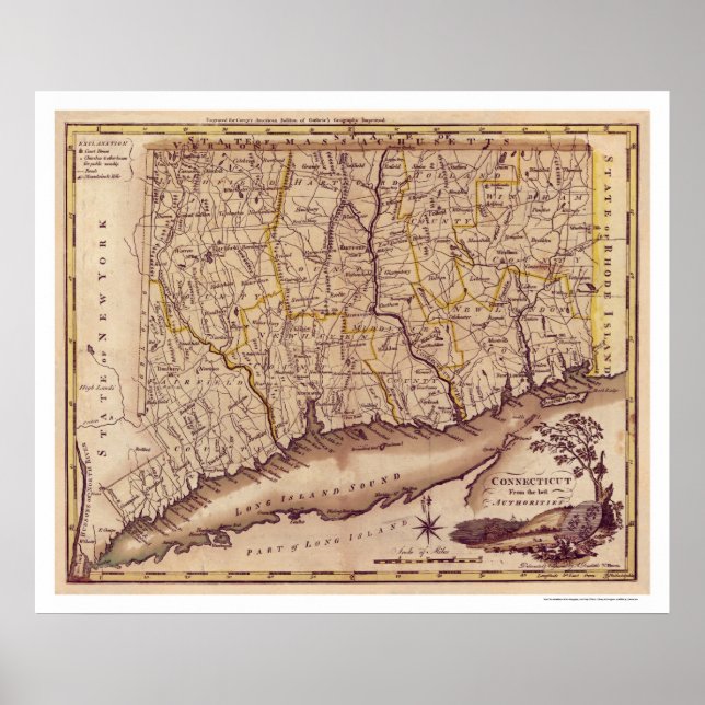 Póster Mapa de Connecticut por Carey 1795 (Frente)