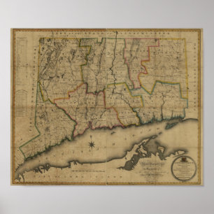 Póster Mapa de Connecticut Vintage 1813
