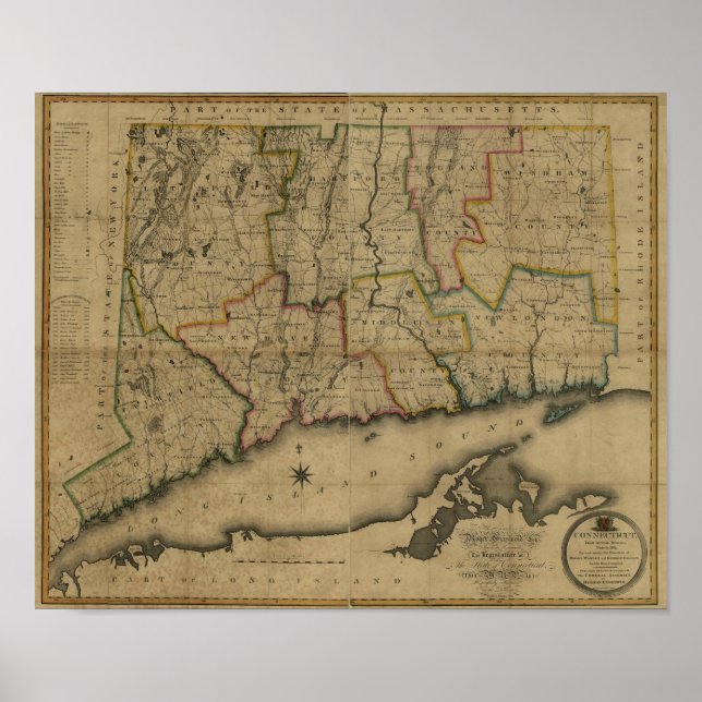 Póster Mapa de Connecticut Vintage 1813 (Frente)