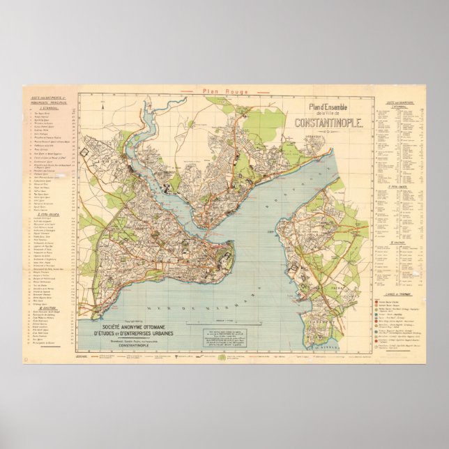 Póster Mapa de Constantinopla de 1922 - Estambul, Turquía (Frente)