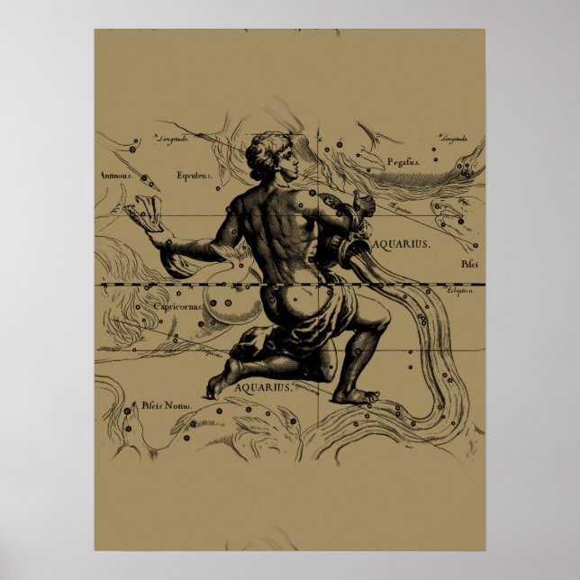 Póster Mapa de Constelación de Aquarius por Hevelius (Frente)