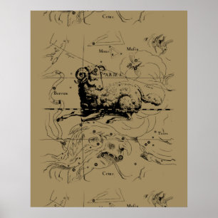 Póster Mapa de constelación de Aries Hevelius alrededor d