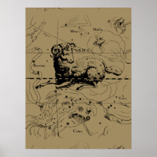 Póster Mapa de constelación de Aries Vintage Hevelius 169
