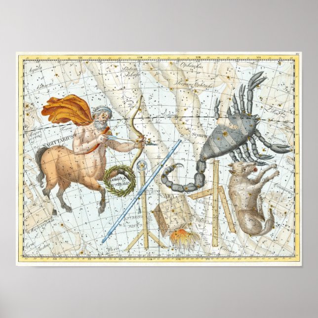 Póster Mapa de constelaciones celestes vintage (Frente)