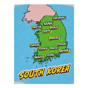 Póster Mapa de Corea del Sur ilustrado con arte pop