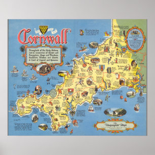 Póster Mapa de Cornualles, Inglaterra