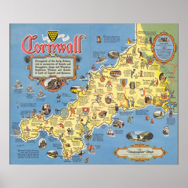 Póster Mapa de Cornwall, Inglaterra (Frente)
