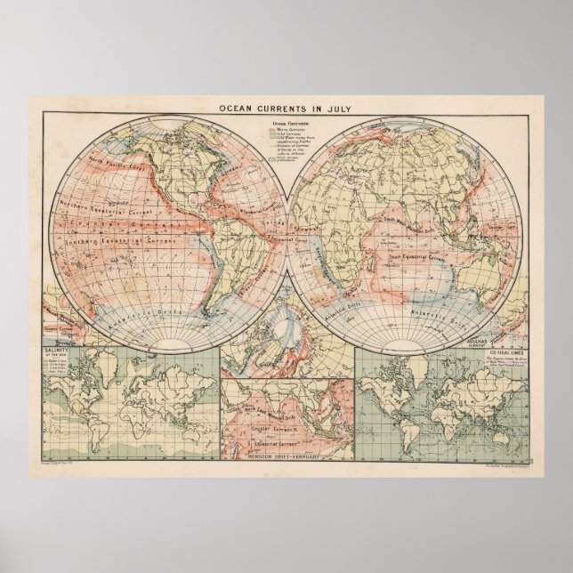 Póster Mapa de corrientes oceánicas mundiales antiguas (1 (Frente)