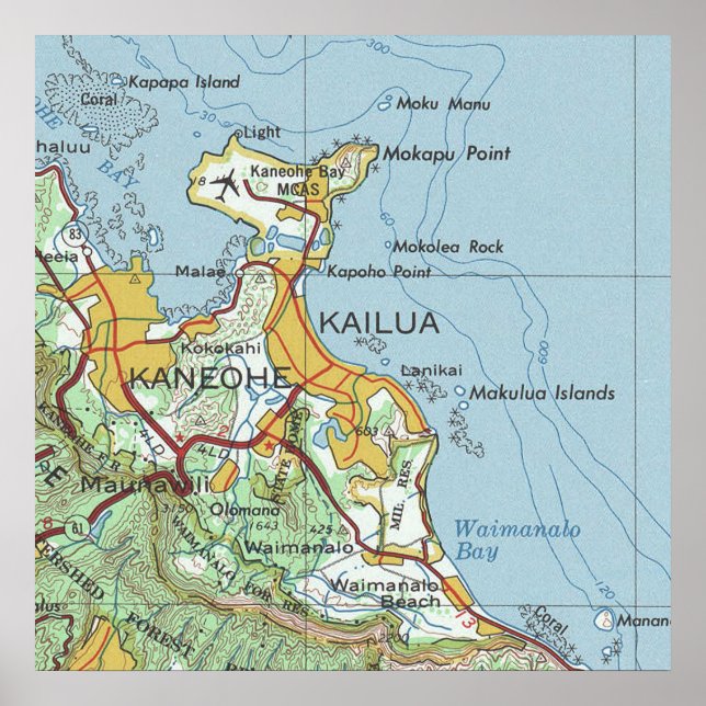 Póster Mapa de cosechas de Kailua y Kaneohe Oahu (Frente)