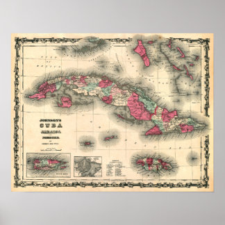 Póster Mapa de CUBA, JAMAICA y PORTO RICO de 1862