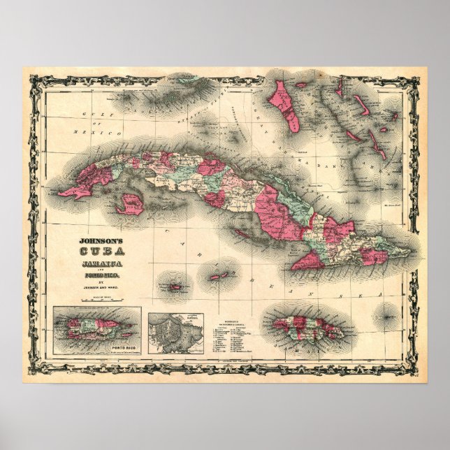 Póster Mapa de CUBA, JAMAICA y PORTO RICO de 1862 (Frente)