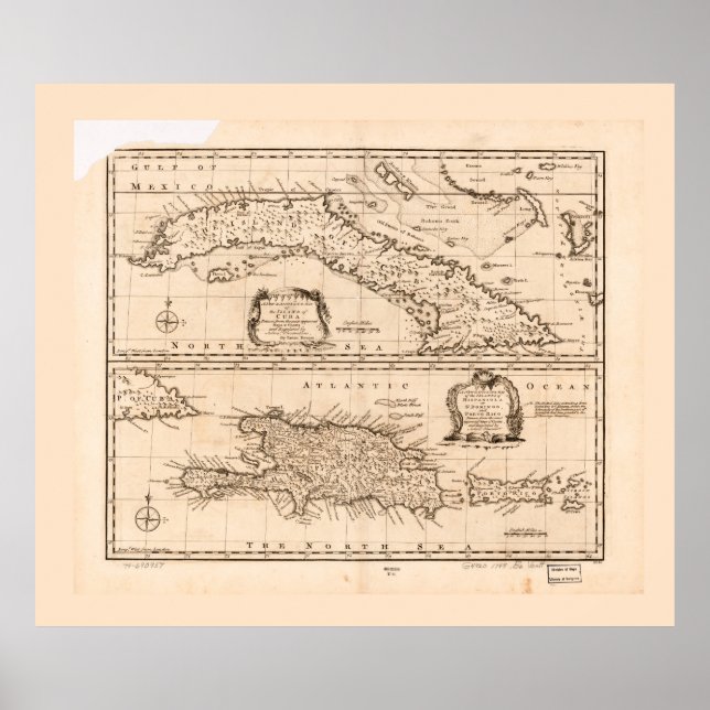 Póster Mapa de Cuba y Puerto Rico (1747) (Frente)