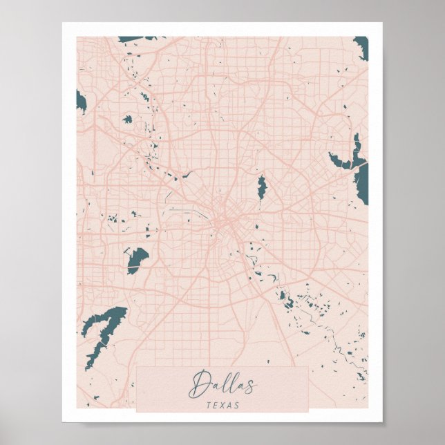 Póster Mapa de Dallas Texas con guiones rosas y azules (Frente)