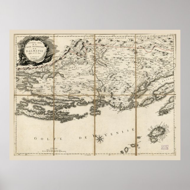 Póster Mapa de Dalmacia, Costa de Croacia e Islas (1780) (Frente)
