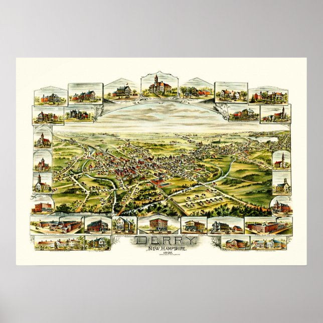 Póster Mapa de Derry, New Hampshire de 1898 (Frente)