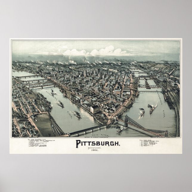 PÓSTER MAPA DE DIBUJO DE MANO DE PITTSBURGH 1902 (Frente)