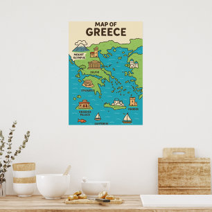 Póster Mapa de dibujos animados de Grecia – Monumentos il