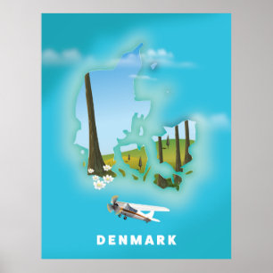 Póster Mapa de Dinamarca ilustra afiche de viajes.