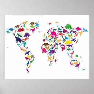 Póster Mapa de dinosaurios del Mapa Mundial
