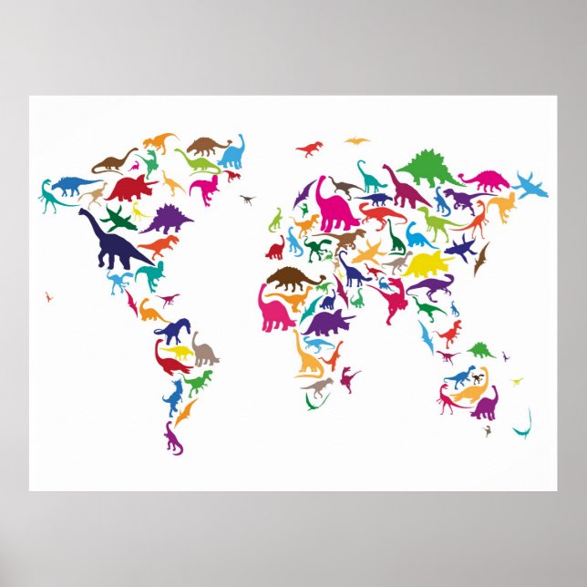 Póster Mapa de dinosaurios del Mapa Mundial (Frente)