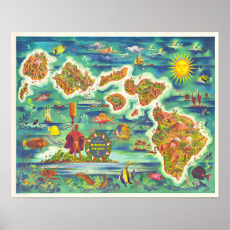 Póster Mapa de diversiones de las Islas Hawái