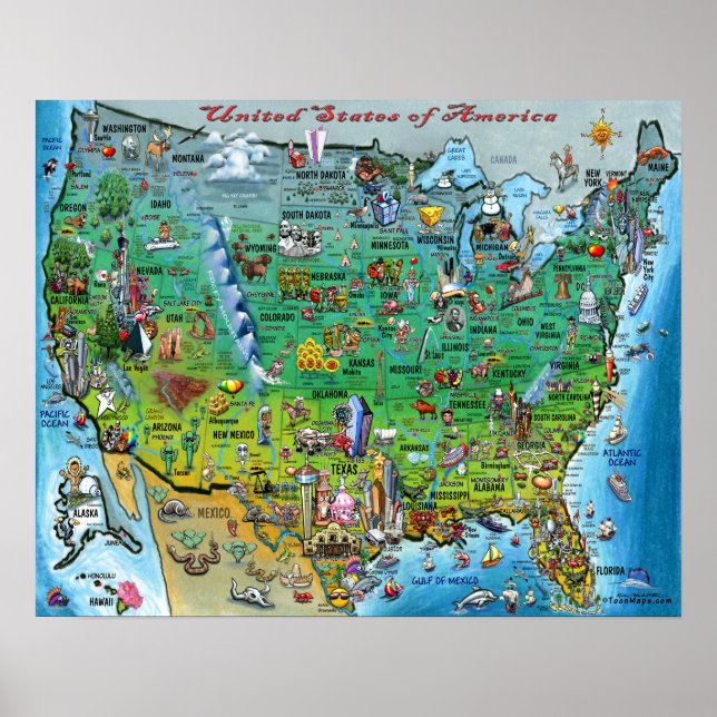 Póster Mapa de diversiones de los Estados Unidos de Améri (Frente)