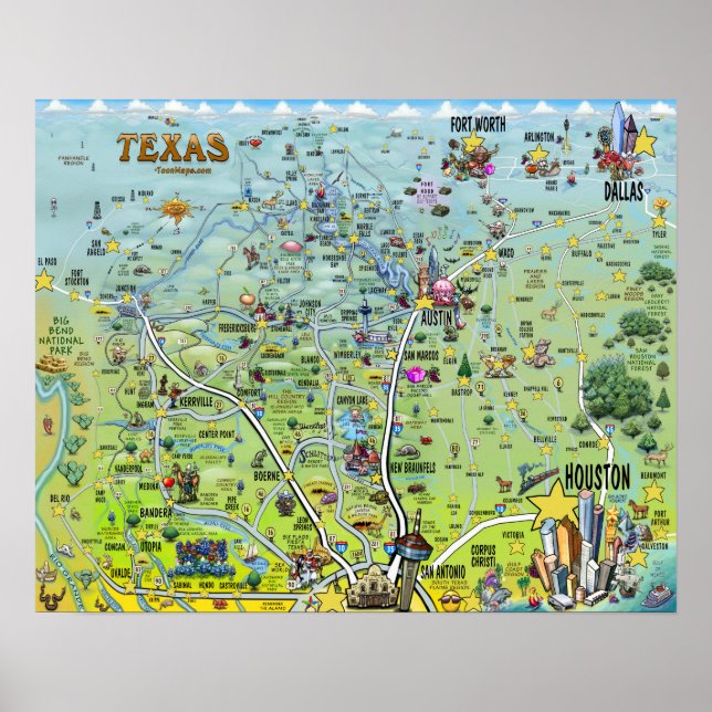 Póster Mapa de diversiones de Texas (Frente)