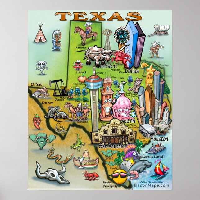 Póster Mapa de diversiones de Texas (Frente)