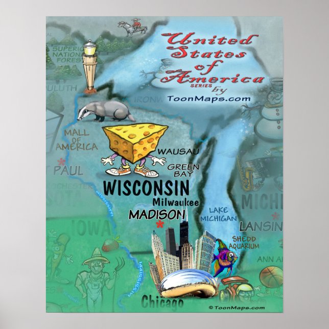 Póster Mapa de diversiones de Wisconsin (Frente)