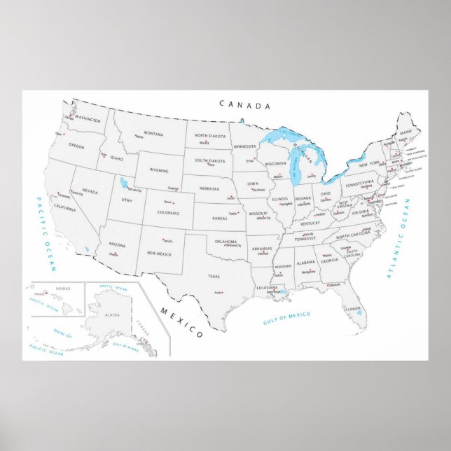 Póster Mapa de EE. UU. con capitales estatales de Estados (Frente)