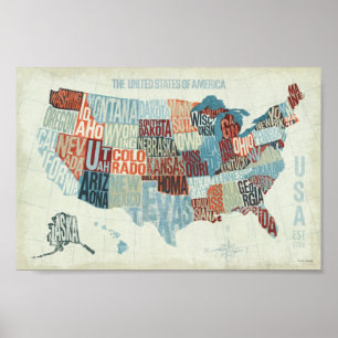 Póster Mapa de EE.UU. con estados en palabras