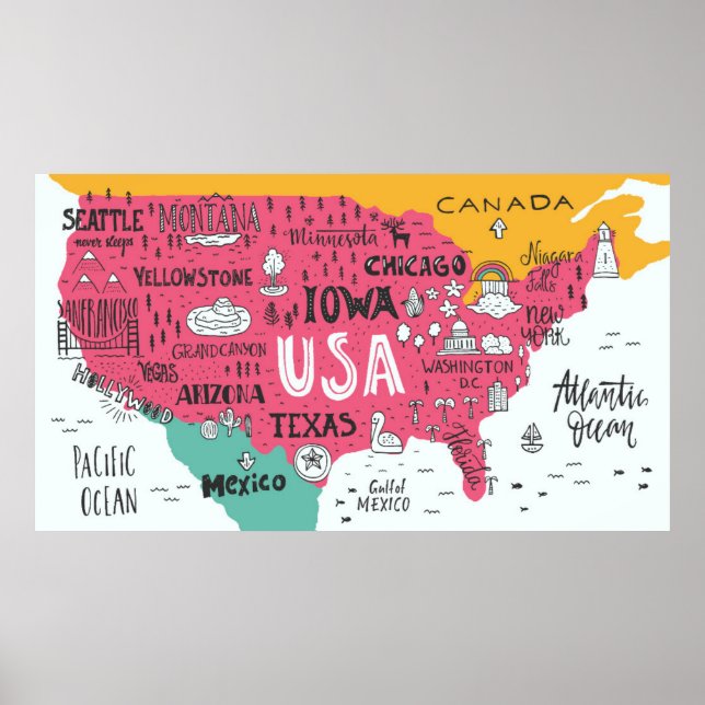 Póster Mapa De Ee.Uu. | Diseño Cute Doodle (Frente)