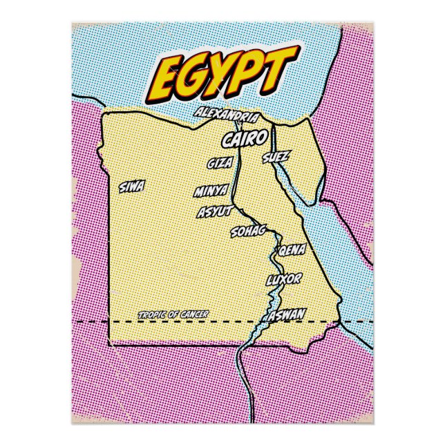 Póster Mapa de Egipto ilustrado con Pop Art (Anverso)