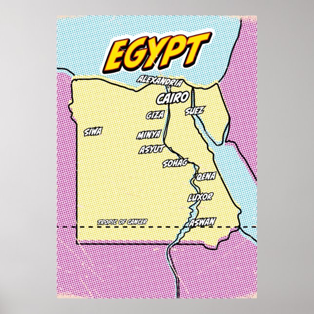 Póster Mapa de Egipto ilustrado con Pop Art (Frente)