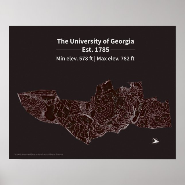 Póster Mapa de elevación de la Universidad de Georgia (Frente)