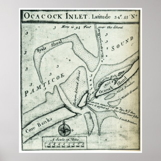 Póster Mapa de entrada de Ocracoke - Anclaje de Blackeard (Frente)