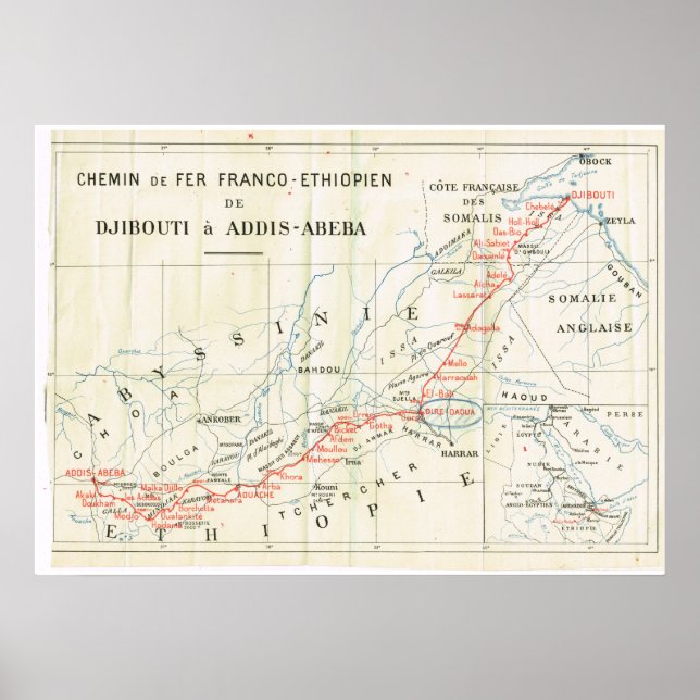 Póster Mapa de época, 1920, francés, Chemin de Fer, Etiop (Frente)