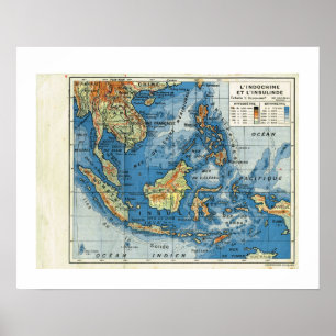 Póster Mapa de época, 1920, francés, L'IndoChine et Insol