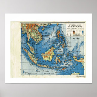 Póster Mapa de época, 1920, francés, L'IndoChine et Insol