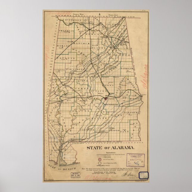 Póster Mapa de época de Alabama (1866) (Frente)