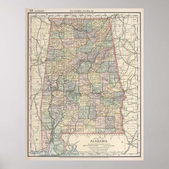 Póster Mapa de época de Alabama (1891) (Frente)