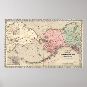 Póster Mapa de época de Alaska y Rusia (1869)