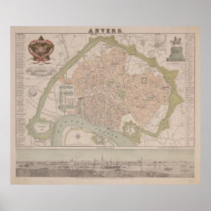 Póster Mapa de época de Amberes Bélgica (1870)