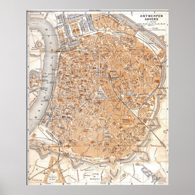 Póster Mapa de época de Amberes Bélgica (1905) (Frente)