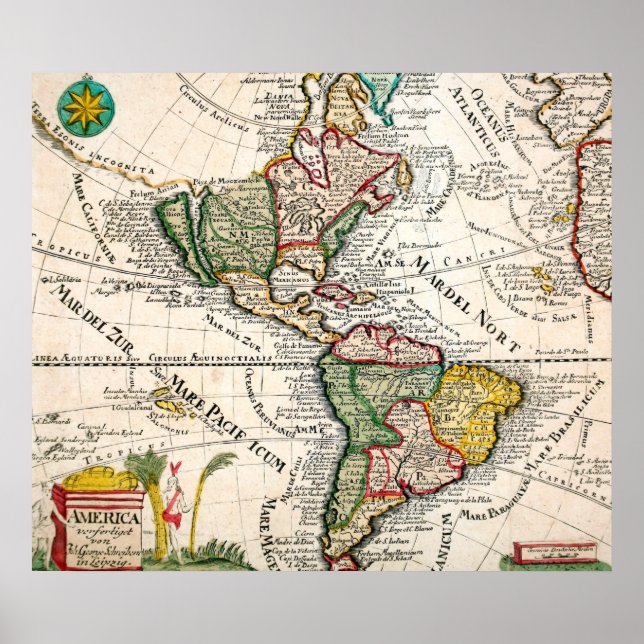 Póster Mapa de época de América del Norte y del Sur 1761 (Frente)