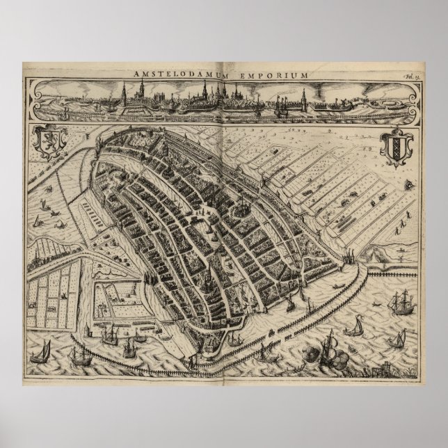 Póster Mapa de época de Amsterdam (1614) (Frente)