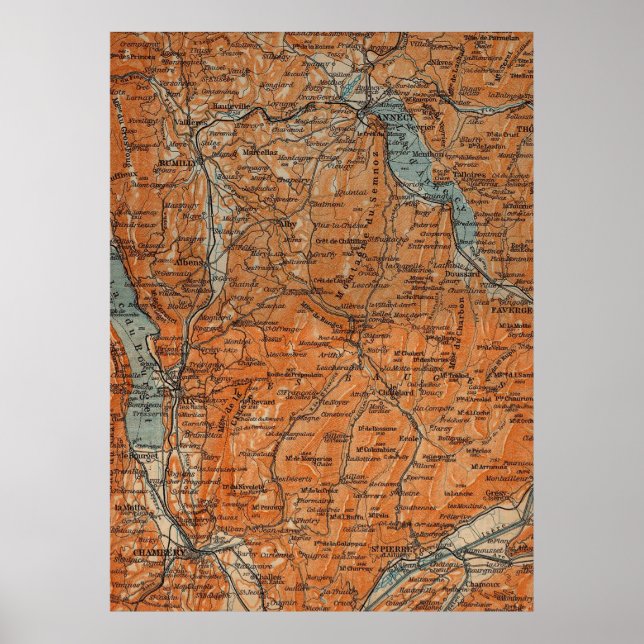 Póster Mapa de época de Annecy France (1914) (Frente)